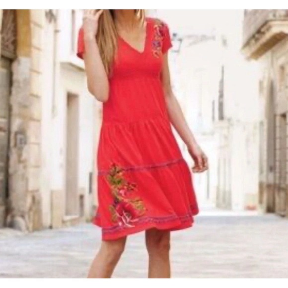 NWT Johnny Was Embroidered Cotton Dress Red MEDIUM Boho Babydoll Tier - Picture 11 of 16